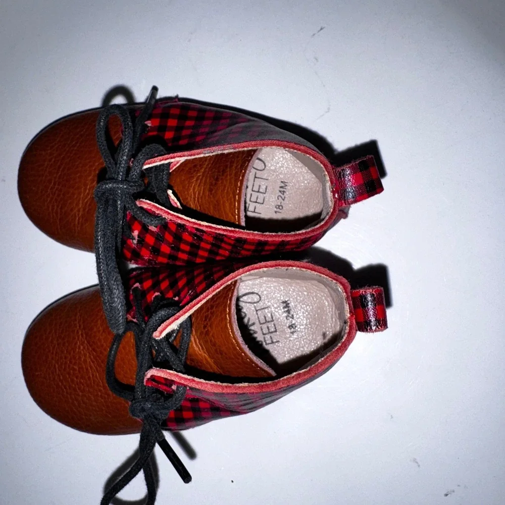 Monkey Feet Baby Boots Buffalo Plaid Leather Lace Up‎ Chukka 18- 24 Month/ Sz 5?